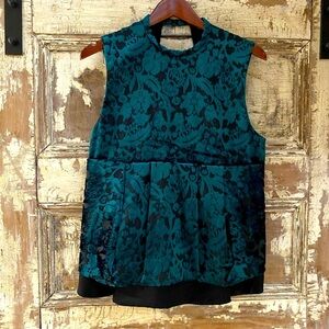 Roberto Cavalli Teal Green Floral Velvet Formal Top, Open Back, Size M.